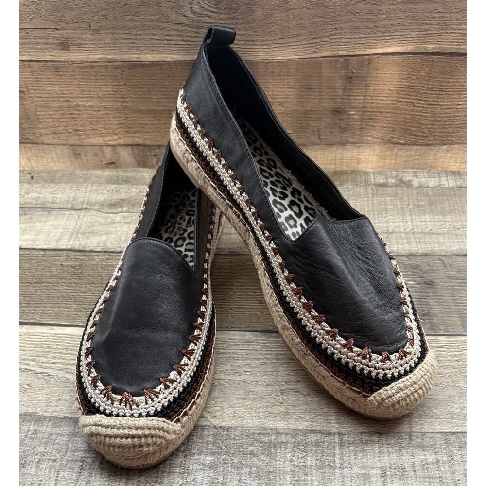 Chico's Black Leather Espadrille Flats Giada Deco Sz 7M